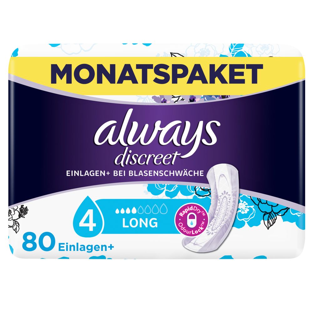 always - Protections pour incontinence Discreet Inkontinenz Long paquet mensuel (80 pièces)