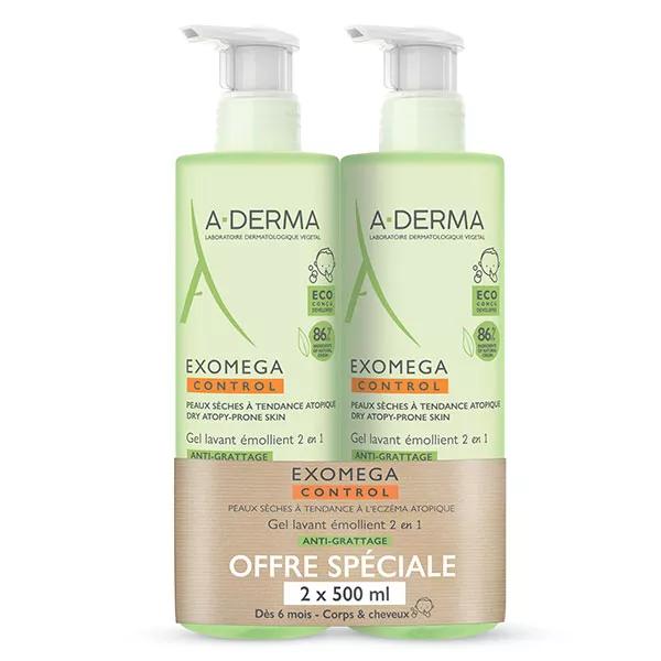 A-Derma Exomega Control Gel Lavant Émollient Anti-Grattage 2 en 1 Lot de 2 x 500ml