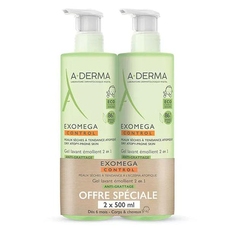 A-Derma Exomega Control Gel Lavant Émollient Anti-Grattage 2 en 1 Lot de 2 x 500ml