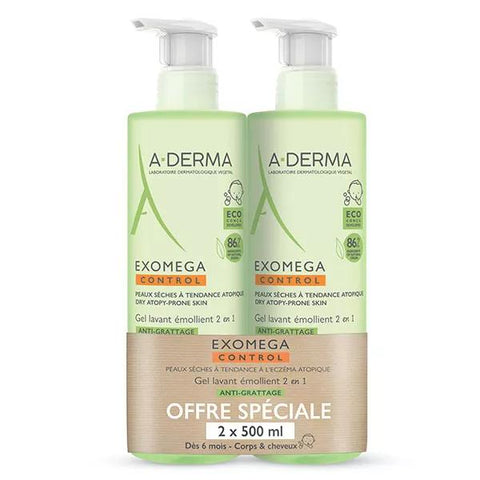 A-Derma Exomega Control 2-in-1 Emollient Anti-Scratching Cleansing Gel Set of 2 x 500ml