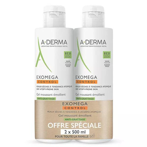 A-Derma Exomega Control Anti-Scratching Emollient Foaming Gel 2 x 500ml Duo Pack