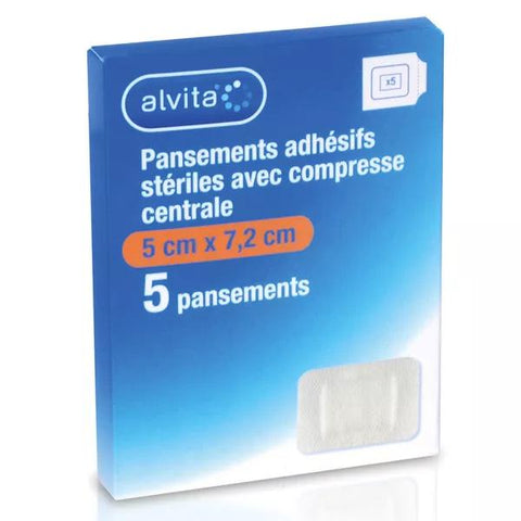 Alvita Pansement Adhésif Stérile avec Compresse Centrale 5 x 7,2cm