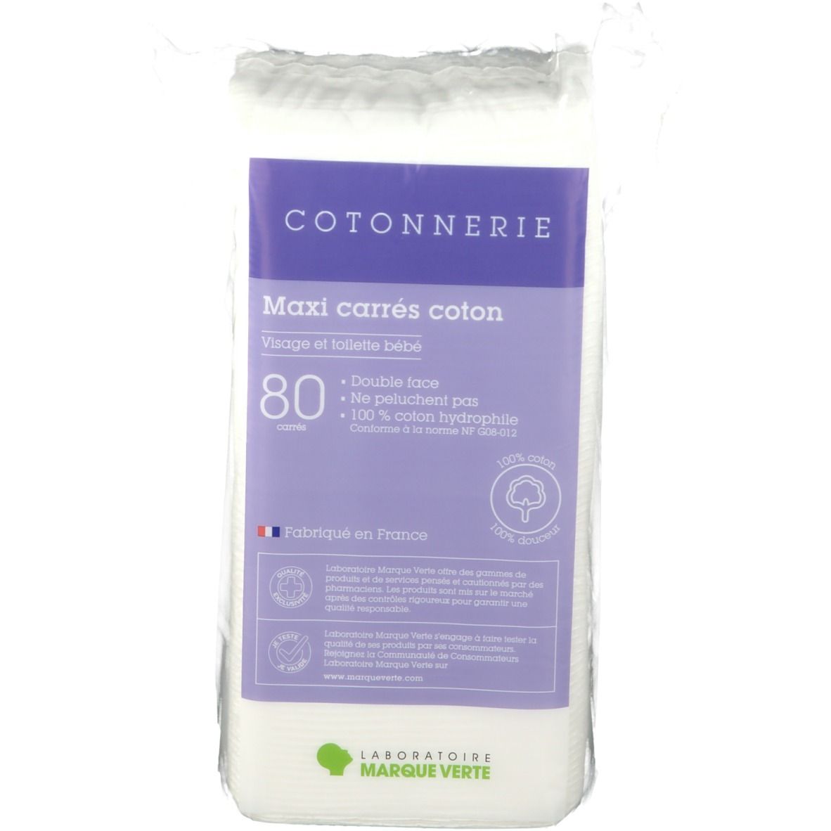 Marque Verte Cotonnerie Maxi Carrés Coton sachet (80 pièces)