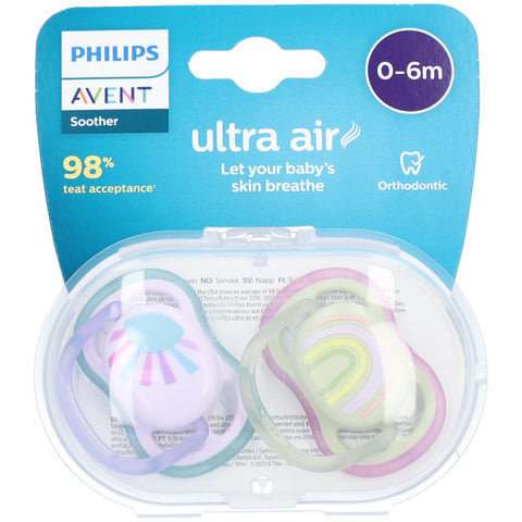 Philips Avent Ultra Air sucette Soleil/Arc-en-ciel pour fille 0-6 mois SCF085/59 (2 pièces)