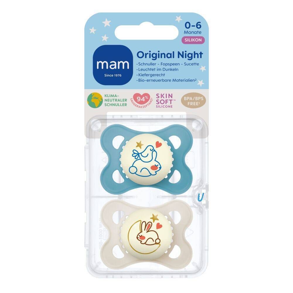MAM Original Night sucette en silicone 0-6 mois, bleu/crème (2 pièces)