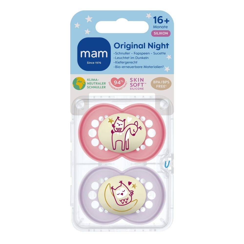 MAM Original Night tétine en silicone 16+ mois, rose/violet (2 pièces)