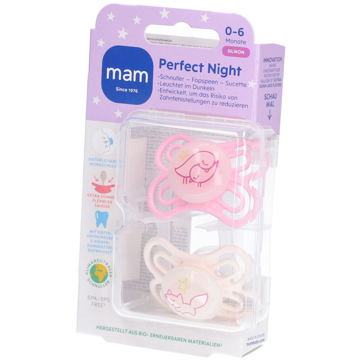 MAM Perfect Night sucette en silicone 0-6 mois, rose/crème (2 pièces)