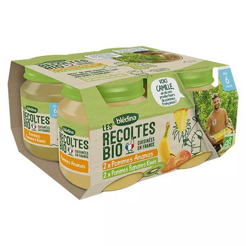 Blédina Les Récoltes Bio Purée de fruits Pommes-Ananas et Pommes-Bananes-Kiwis (dès 4 mois, 4 x 130 g)