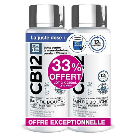 CB12 White Bain de bouche dents blanches 12h d’haleine fraîche - Lot 2x250 ml