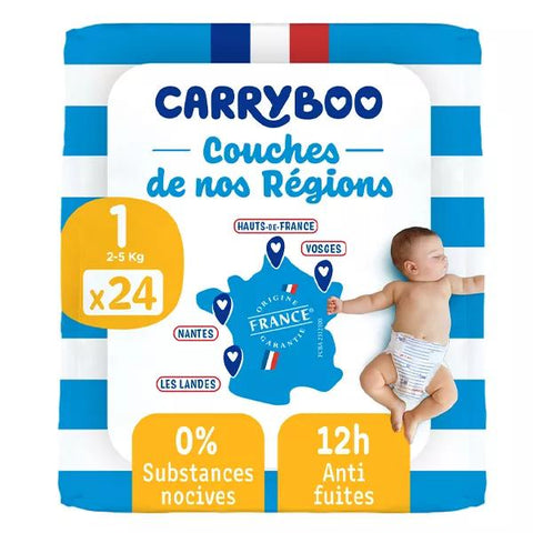 Carryboo Couches Ultra Absorbantes 12h Anti-Fuite Taille 1 (2-5kg)