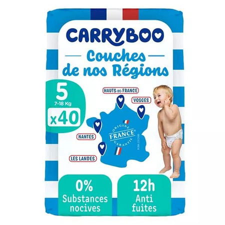 Carryboo Couches Ultra Absorbantes 12h Anti-Fuite Taille 5 (12-25kg) x40