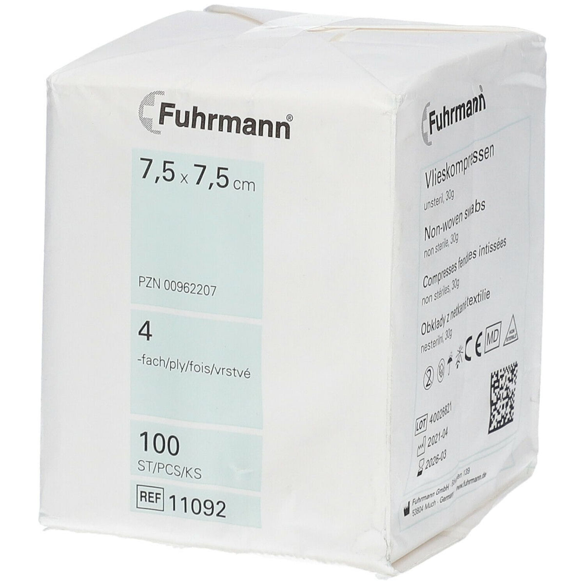 Fuhrmann Compresses non tissées 4 couches 7,5 x 7,5 cm non stérile (100 pièces)