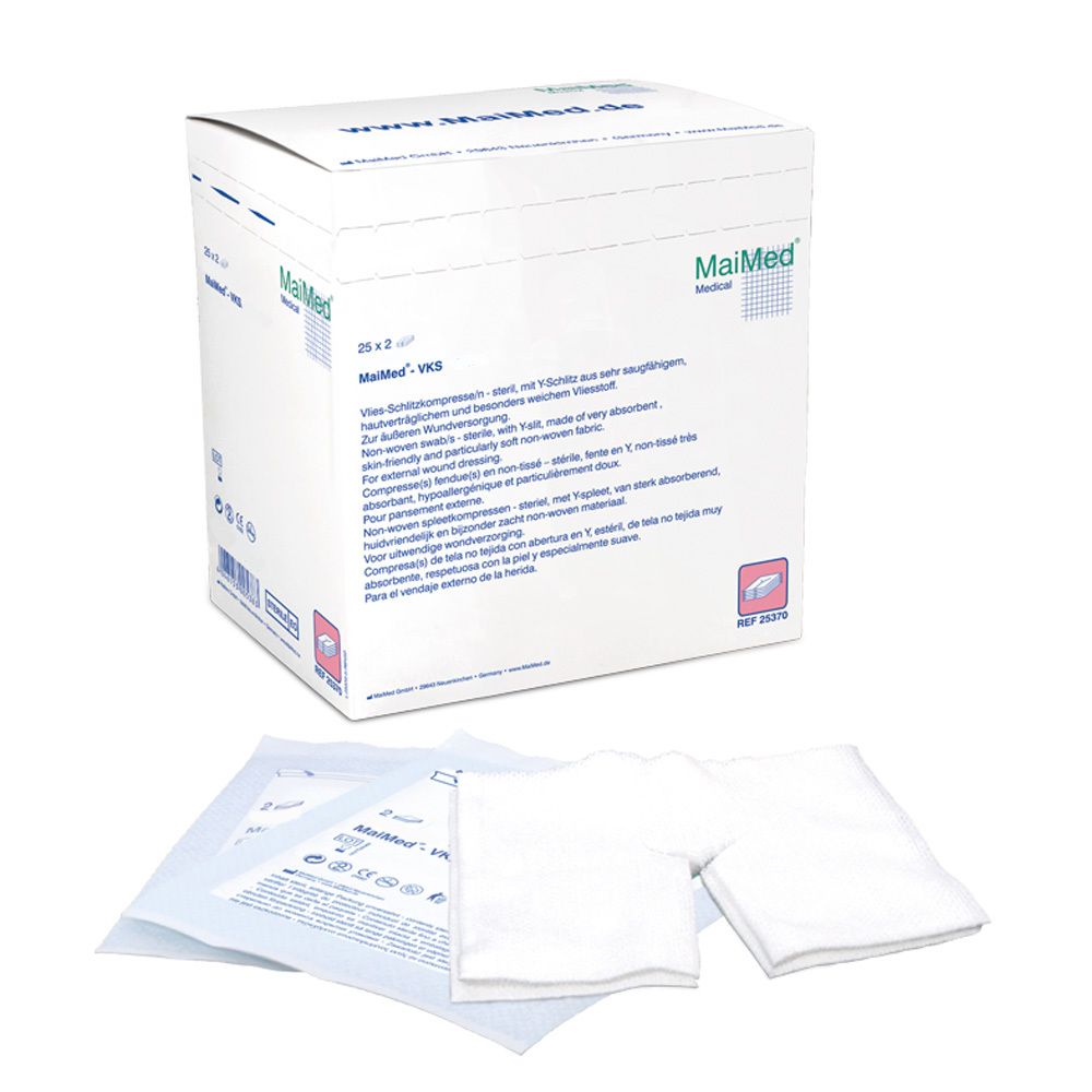 MaiMed® Compresses fendues en non-tissé 5 x 5 cm 6 plis stériles (25x2 pièces)