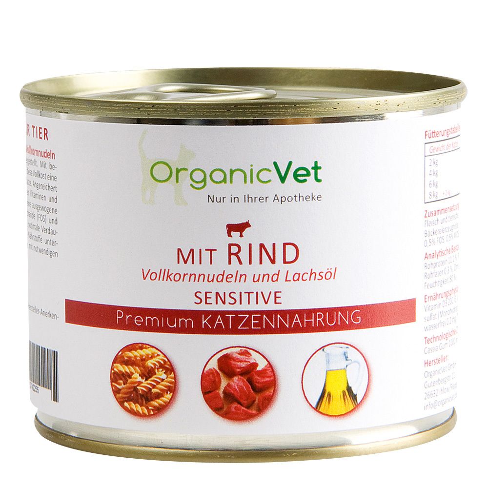 OrganicVet Chat SENSITIVE bœuf aux pâtes complètes et huile de saumon (200 g)