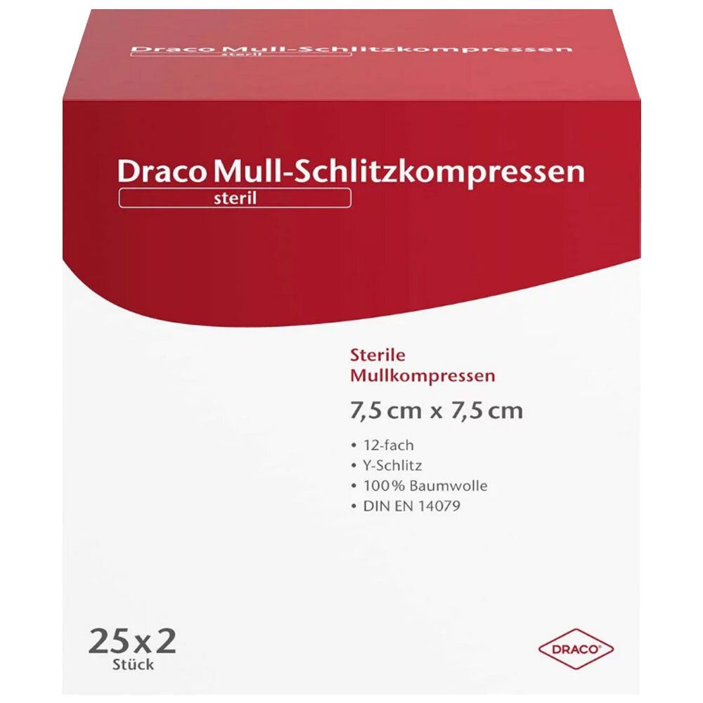 Draco compresses de gaze fendues 12 plis 7,5 x 7,5 cm stériles (25x2 pièces)