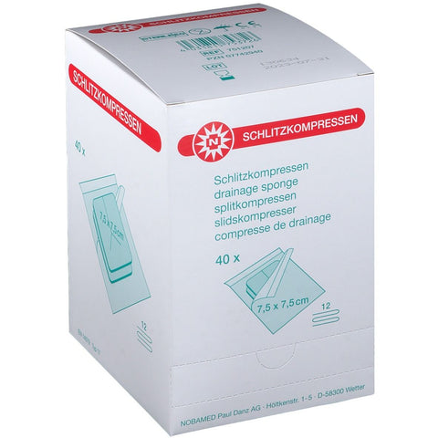 NOBAMED® compresses fendues 12 plis 7,5 x 7,5 cm stériles (40x2 pièces)