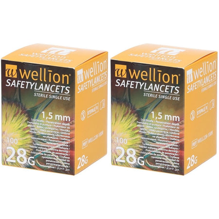 Wellion lancettes de sécurité 28 G 1,5 mm (2x100 pièces)
