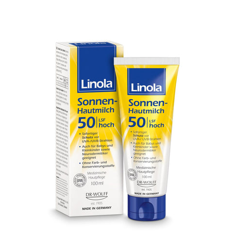Linola Lait solaire - Crème solaire SPF 50 pour peaux sèches, sensibles et sujettes à la névrodermite (100 ml)