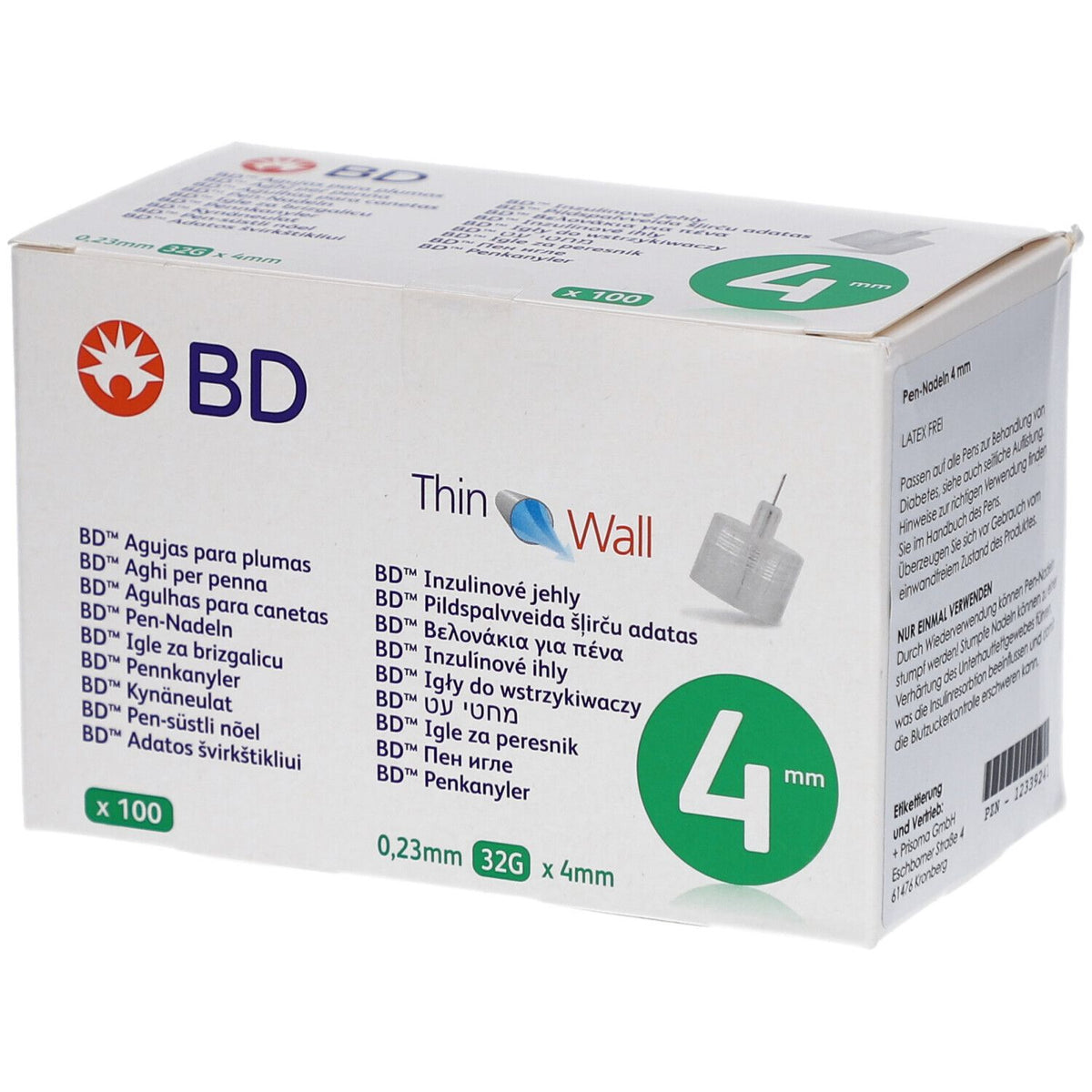BD Thin Wall aiguilles pour stylo 32G 0,23 mm x 4 mm — 100 pièces