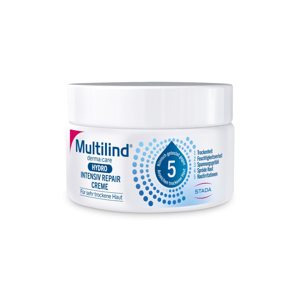 Multilind® derma:care HYDRO intensiv repair crème : soin intensif pour peaux très sèches, régénérant et longue durée. Avec céramide NP, panthénol, glycérine, huile de ricin, cire de baies (150 ml)