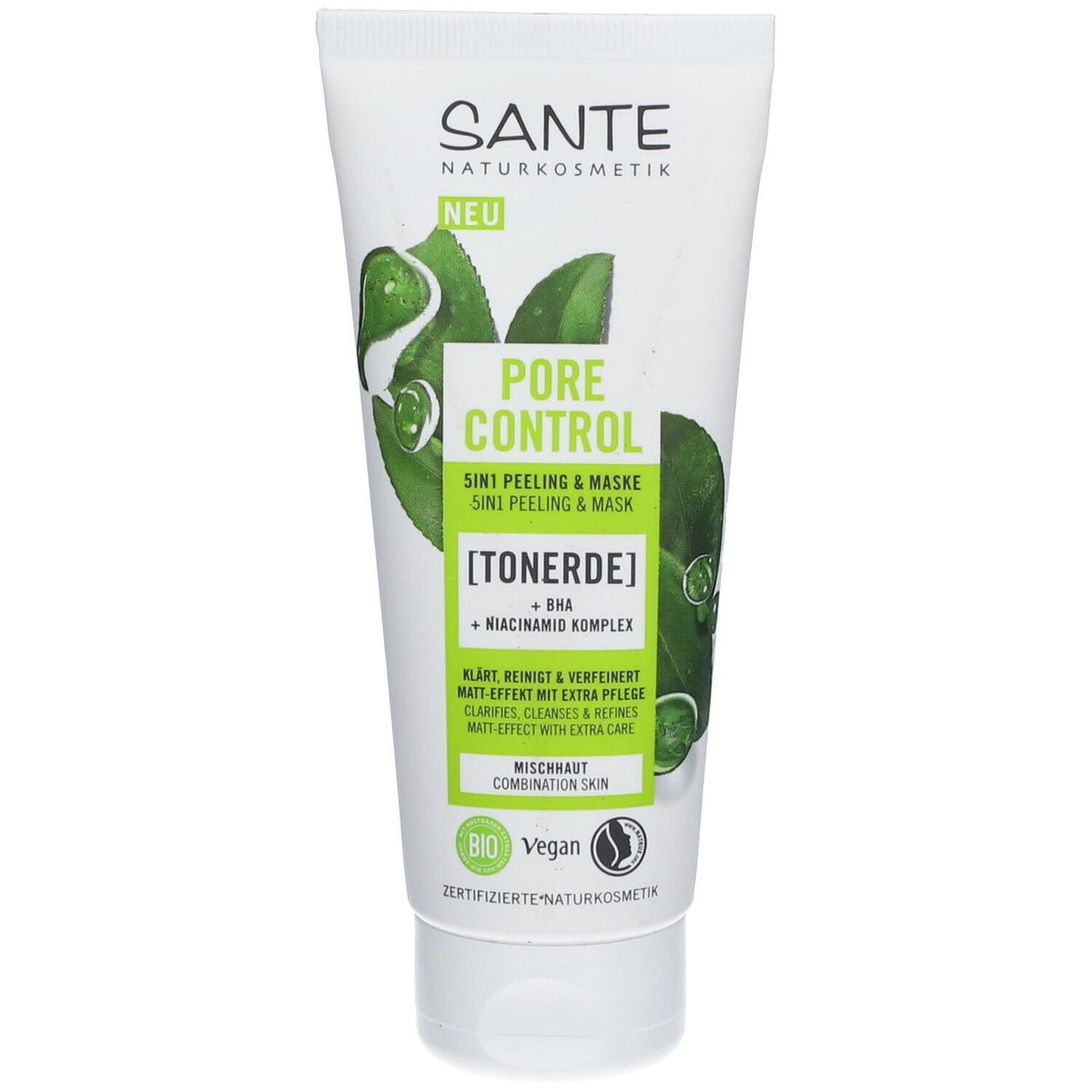 Sante Naturkosmetik Pore Control 5in1 Gommage et Masque à l'argile, complexe BHA et niacinamide (100 ml)