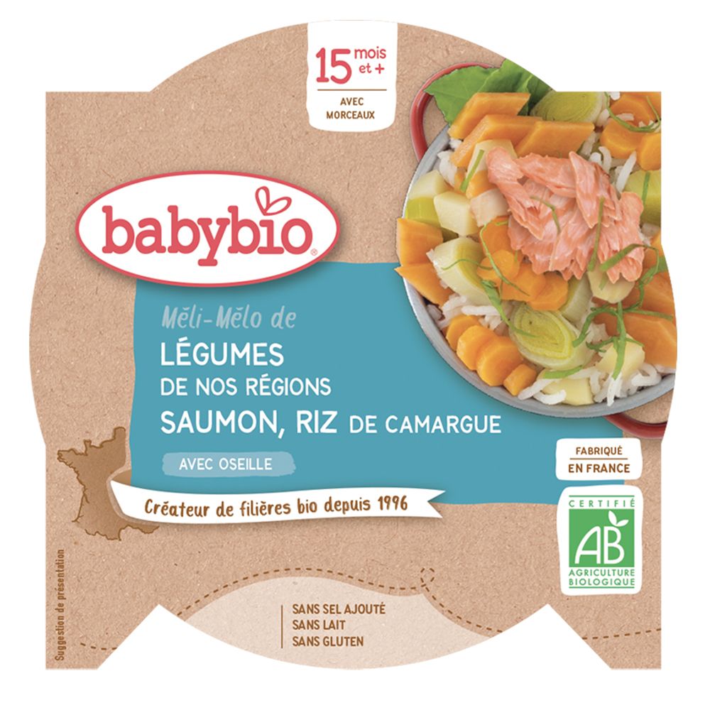 Babybio Méli-mélo de légumes de nos régions saumon et riz de Camargue à l'oseille dès 15 mois (260 g)