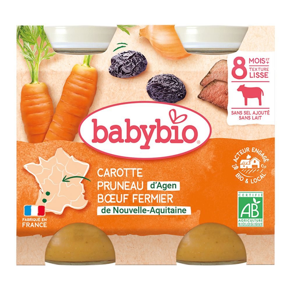 Babybio Menu Carotte, Pruneau d'Agen, Bœuf fermier de Nouvelle-Aquitaine (400 g)