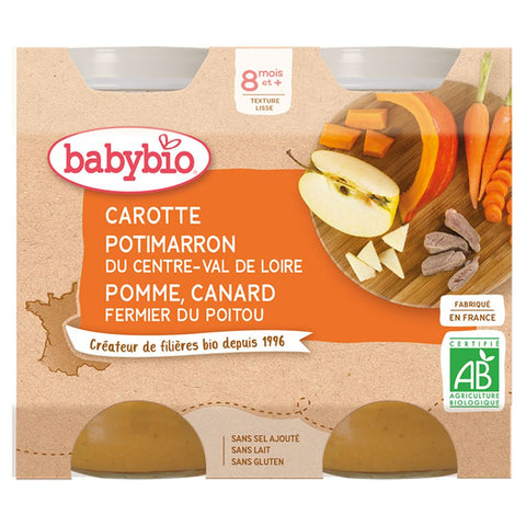 Babybio Carotte, potimarron du Centre-Val de Loire, pomme, canard fermier du Poitou dès 8 mois (400 g)
