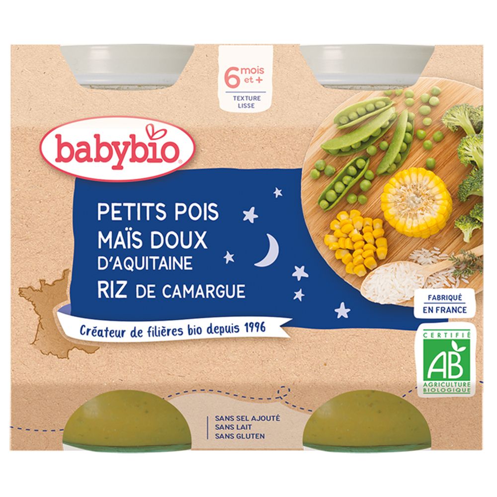 Babybio Petit pot Petits pois, Maïs doux d'Aquitaine, Riz de Camargue (400 g)