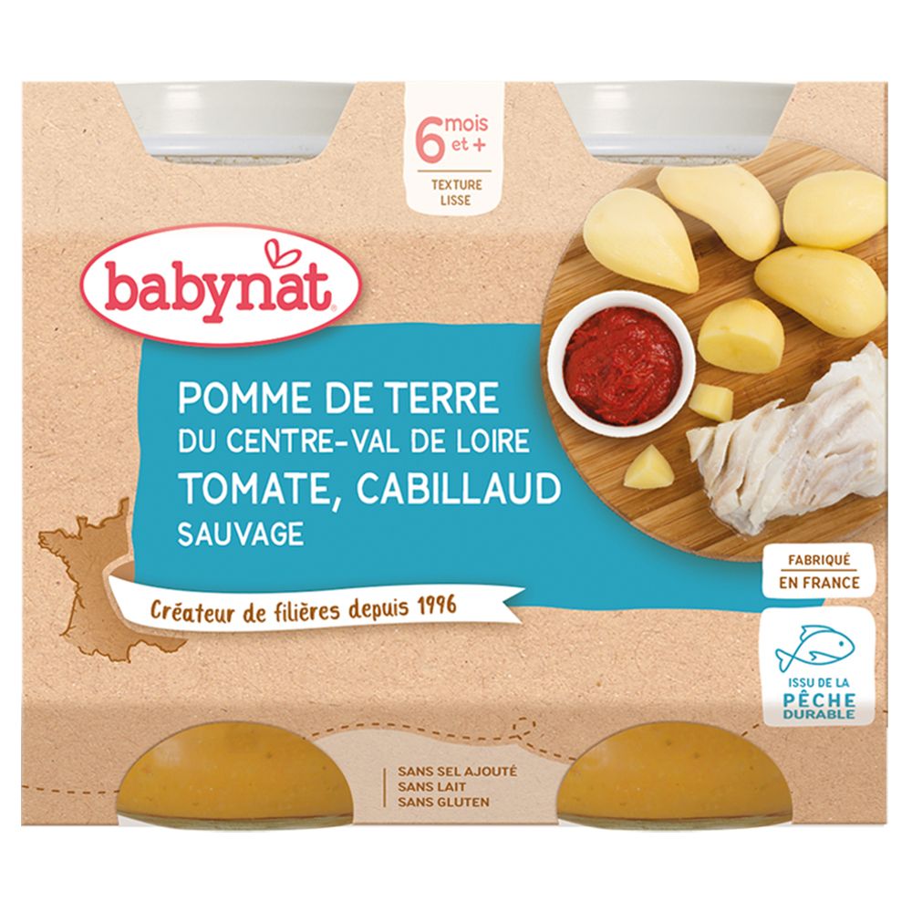 Babybio POMME DE TERRE DU CENTRE-VAL DE LOIRE TOMATE CABILLAUD SAUVAGE dès 6 mois — 400 g