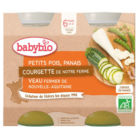 Babybio Petits pois, panais, courgette de notre ferme, veau fermier de Nouvelle-Aquitaine dès 6 mois (400 g)