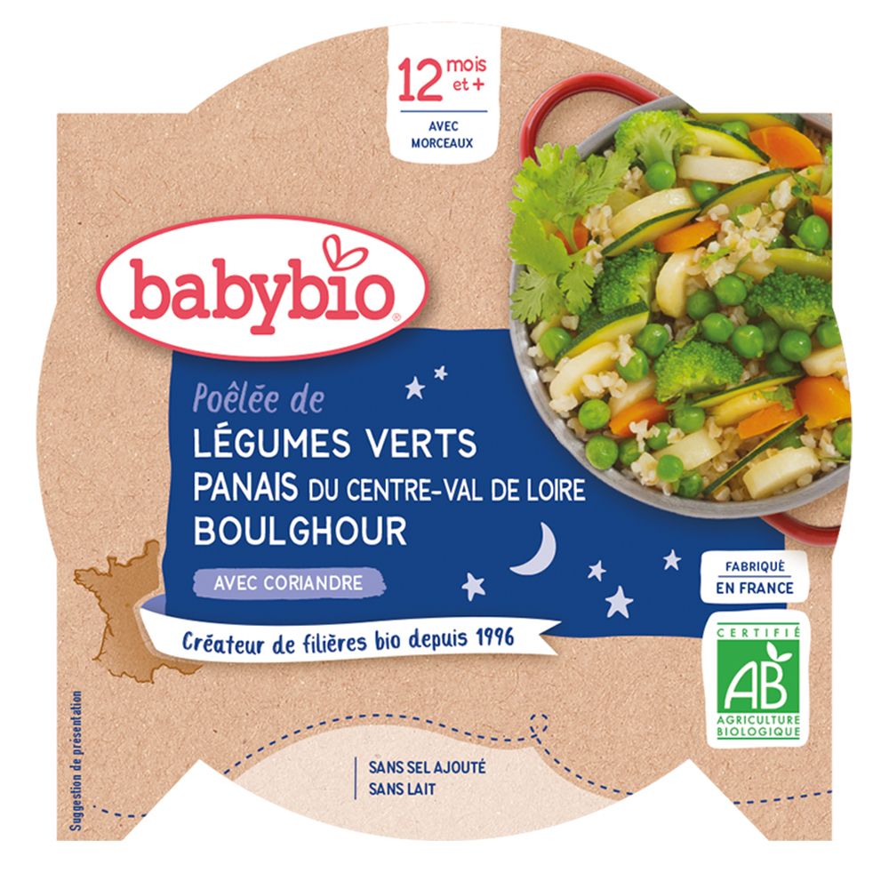 Babybio POÊLÉE DE LÉGUMES VERTS PANAIS DU CENTRE-VAL DE LOIRE BOULGHOUR CORIANDRE dès 12 mois — 230 g