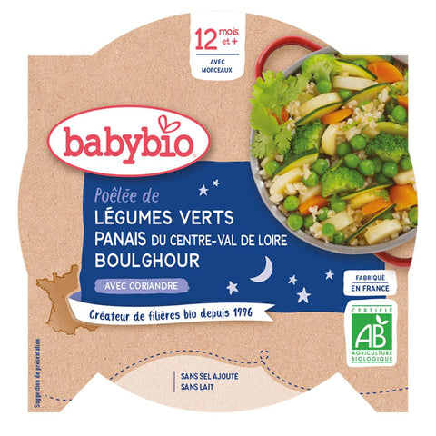 Babybio POÊLÉE DE LÉGUMES VERTS PANAIS DU CENTRE-VAL DE LOIRE BOULGHOUR CORIANDRE dès 12 mois — 230 g