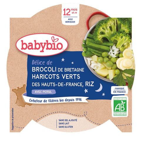 Babybio Délice de brocoli de Bretagne, haricots verts des Hauts-de-France, riz au persil dès 12 mois (230 g)