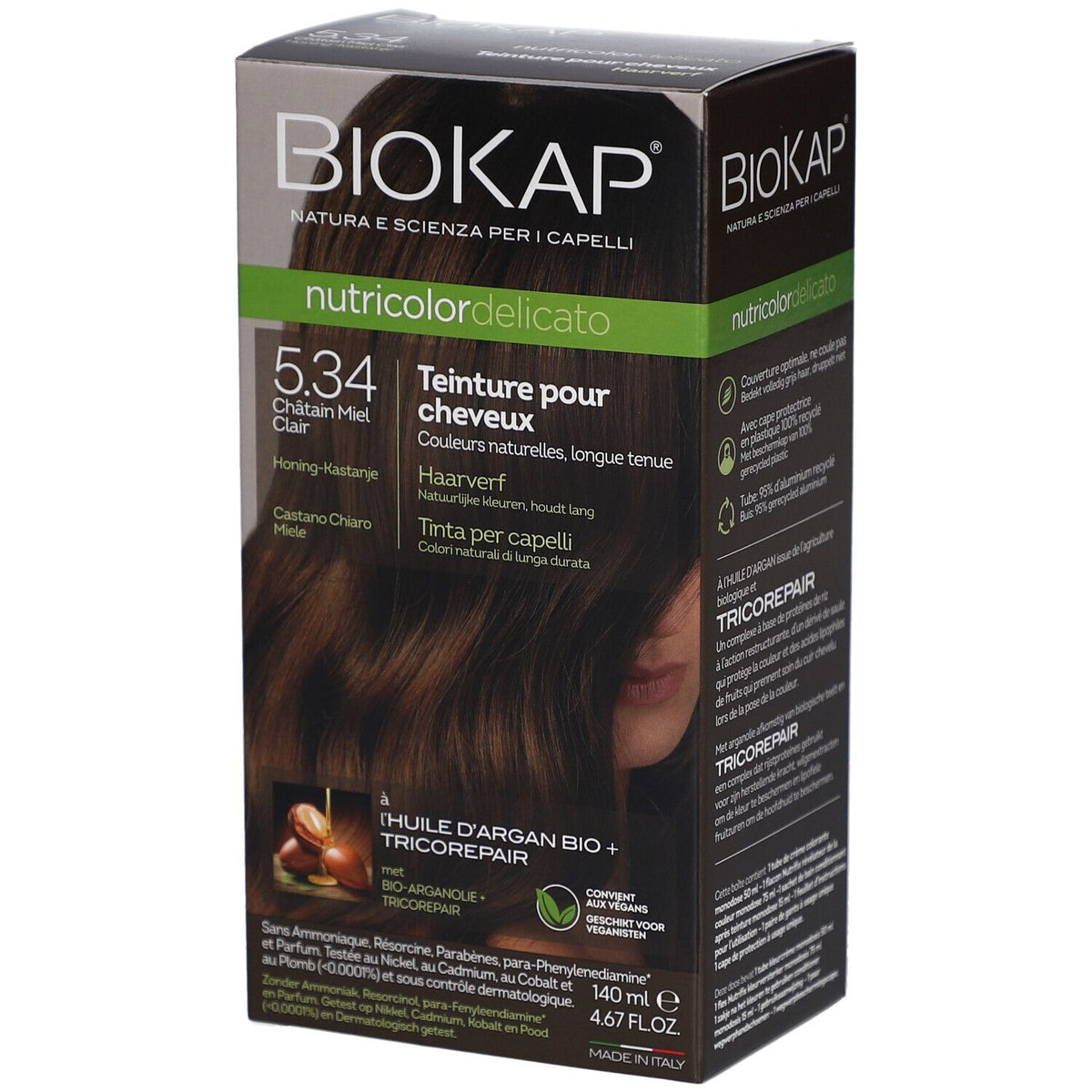 Biokap Nutricolor Delicato teinture pour cheveux 5.34 Châtain Miel Clair – 140 ml