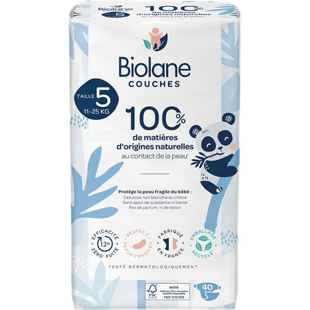Biolane - Couches Naturelles Taille 5 - 12H - zéro fuite - 40 unités