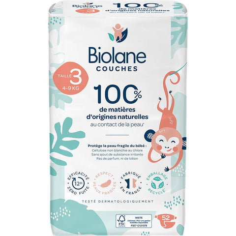 Biolane - Couches Naturelles Taille 3 - Ultra-Absorbant Pas de Fuite - 52 unités