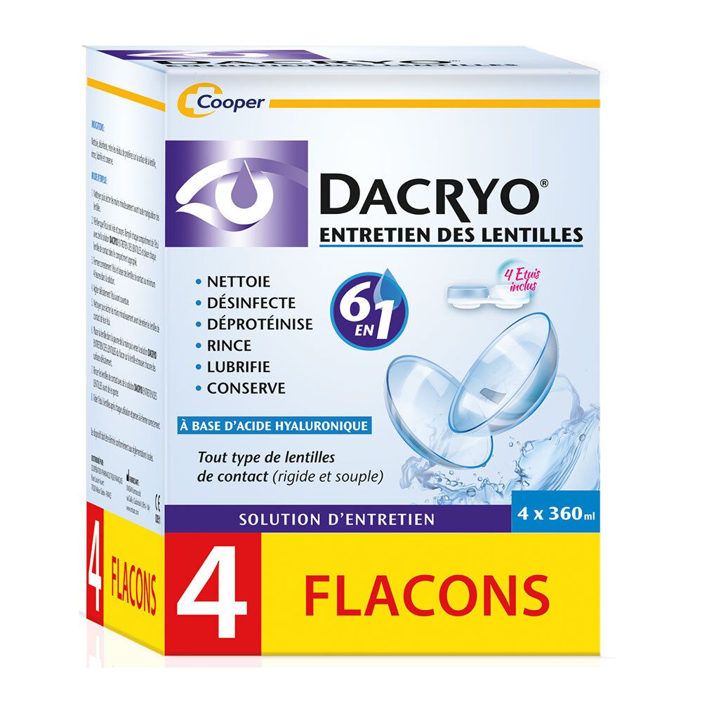DACRYO® - Solution d'entretien des lentilles 6 en 1 - Nettoie, désinfecte, déproténise, rince, lubrifie, conserve - Lentilles de contact - Acide Hyaluronique - Etui inclus - Flacon - Lot de 4 flacons x 360 ml - 1440 ml
