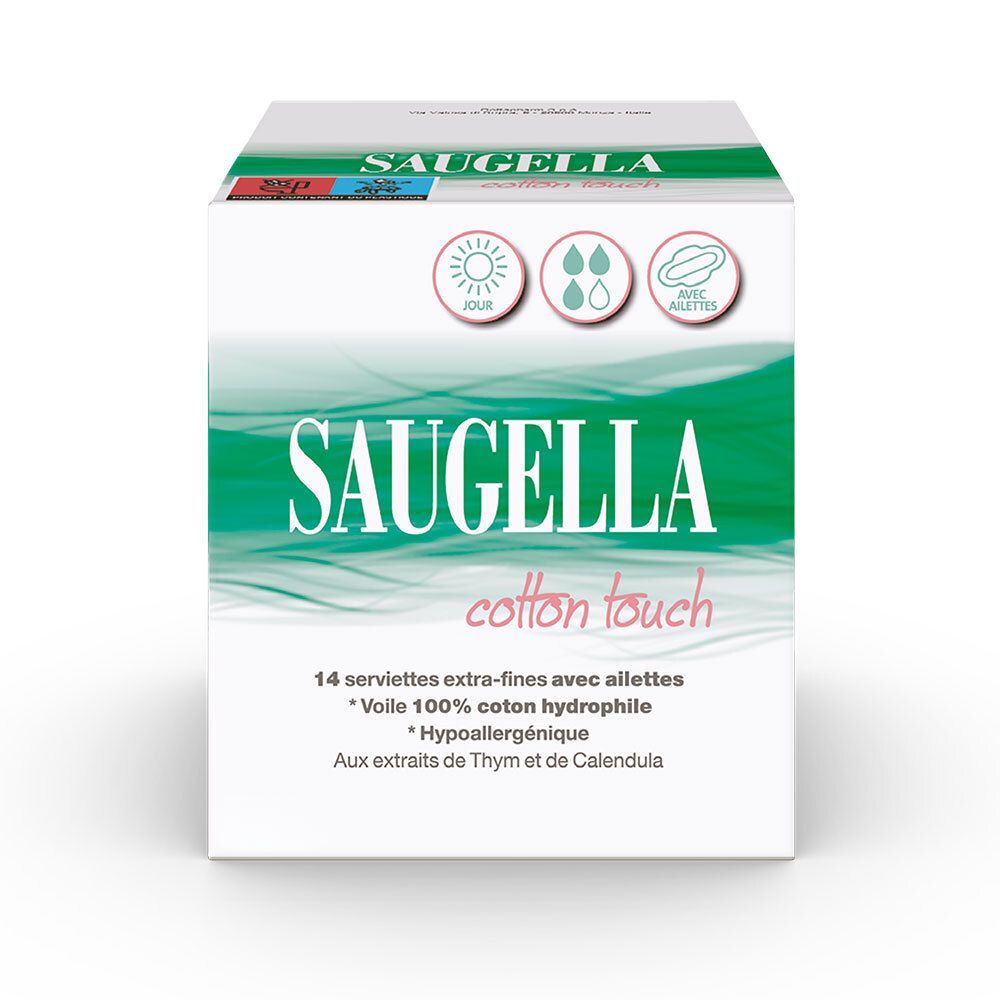 Saugella Cotton Touch serviettes hygiéniques de Jour extra-fines avec ailettes, 100% coton hydrophile, hypoallergénique, extraits de thym et de calendula - 14 pièces