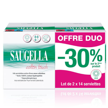 Saugella Cotton Touch serviettes hygiéniques de jour extra-fines avec ailettes - 100% coton hydrophile - hypoallergénique - extraits de thym et calendula (2x14 pièces)