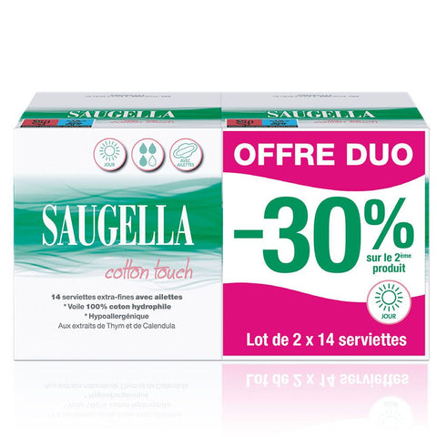 Saugella Cotton Touch serviettes hygiéniques de jour extra-fines avec ailettes - 100% coton hydrophile - hypoallergénique - extraits de thym et calendula (2x14 pièces)