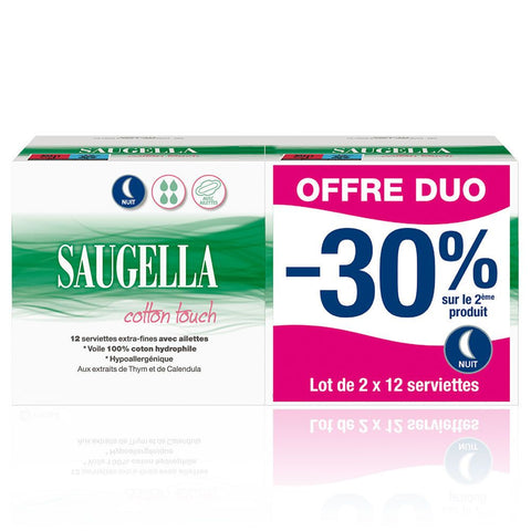 Saugella Cotton Touch serviettes hygiéniques de nuit avec ailettes (2 paquets de 12)