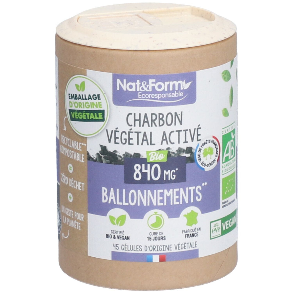 Nat&Form Charbon végétal activé en gélules (45 gélules)