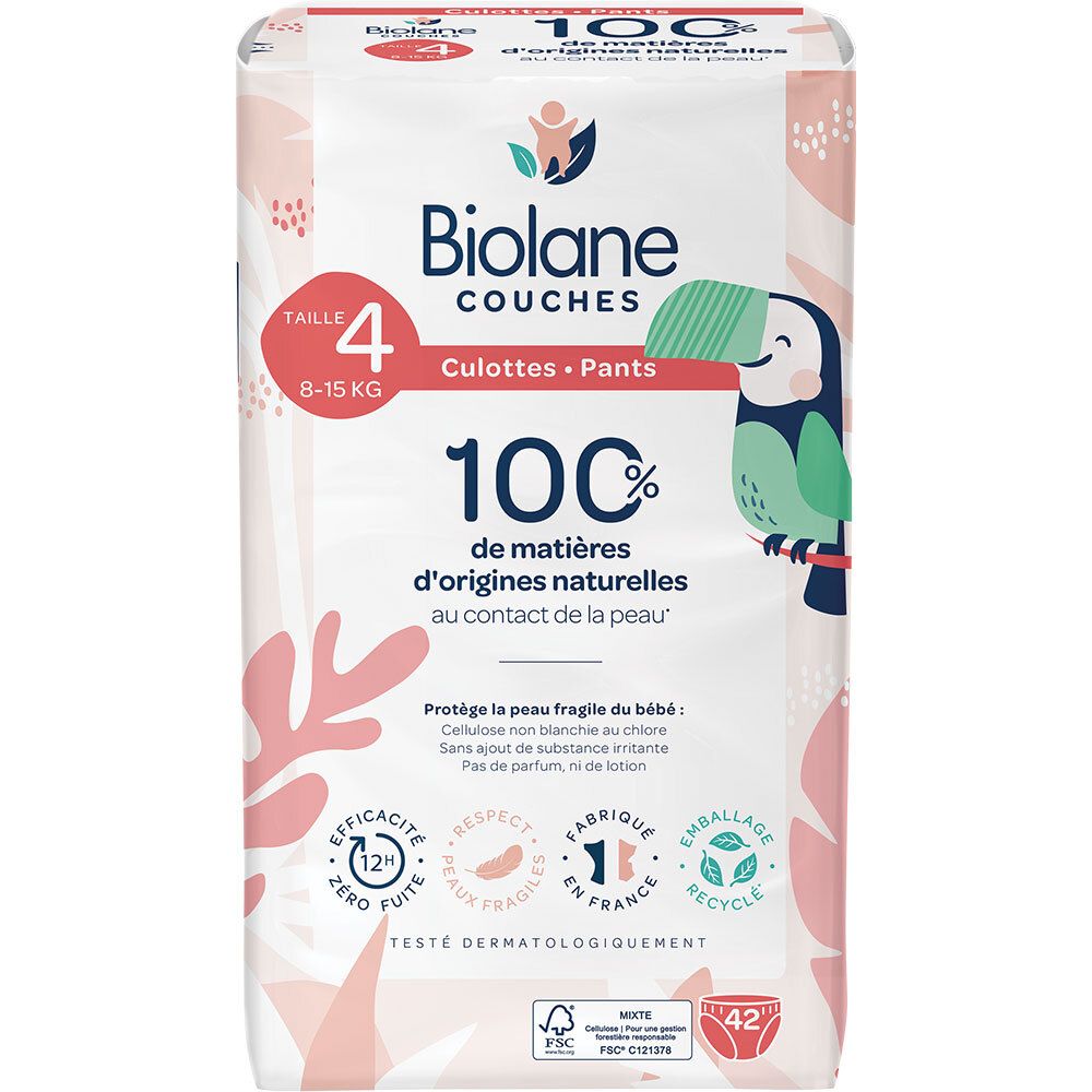 Biolane Couches culottes naturelles Taille 4 - 12H zéro fuite (42 unités)