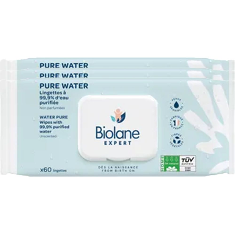Biolane Expert Lingettes Pure Water non parfumées (lot de 3 x 60 unités)