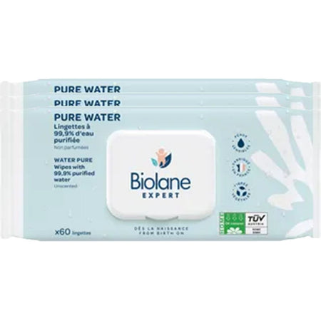 Biolane Expert Lingettes Pure Water non parfumées (lot de 3 x 60 unités)