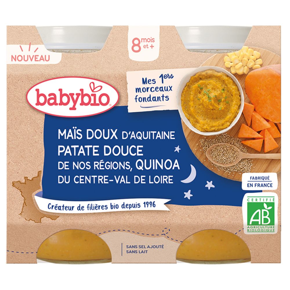 Babybio MAÏS DOUX D'AQUITAINE PATATE DOUCE DE NOS RÉGIONS QUINOA DU CENTRE-VAL DE LOIRE dès 8 mois — 400 g