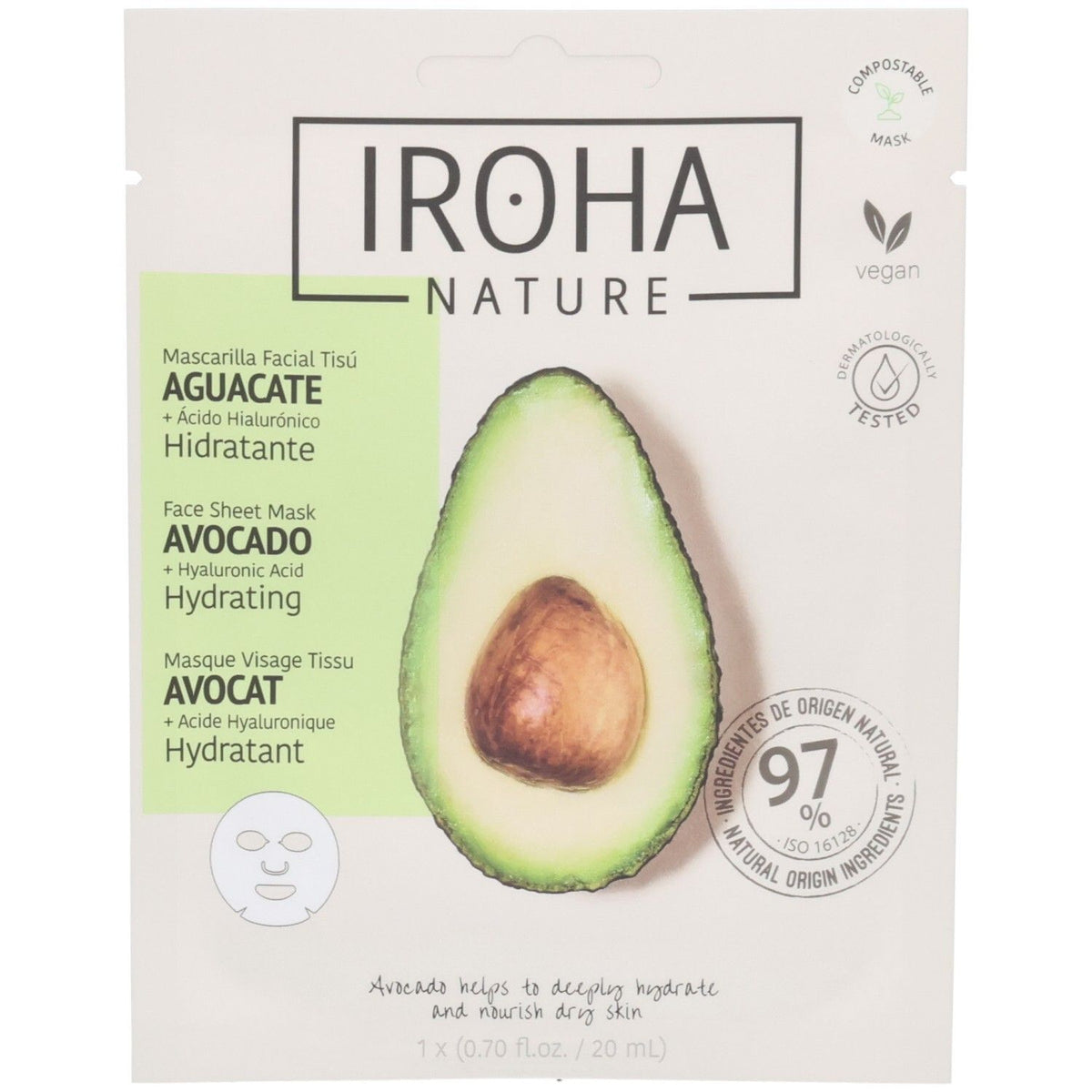 Iroha Nature Masque hydratant en tissu pour le visage à l'avocat (20 ml)