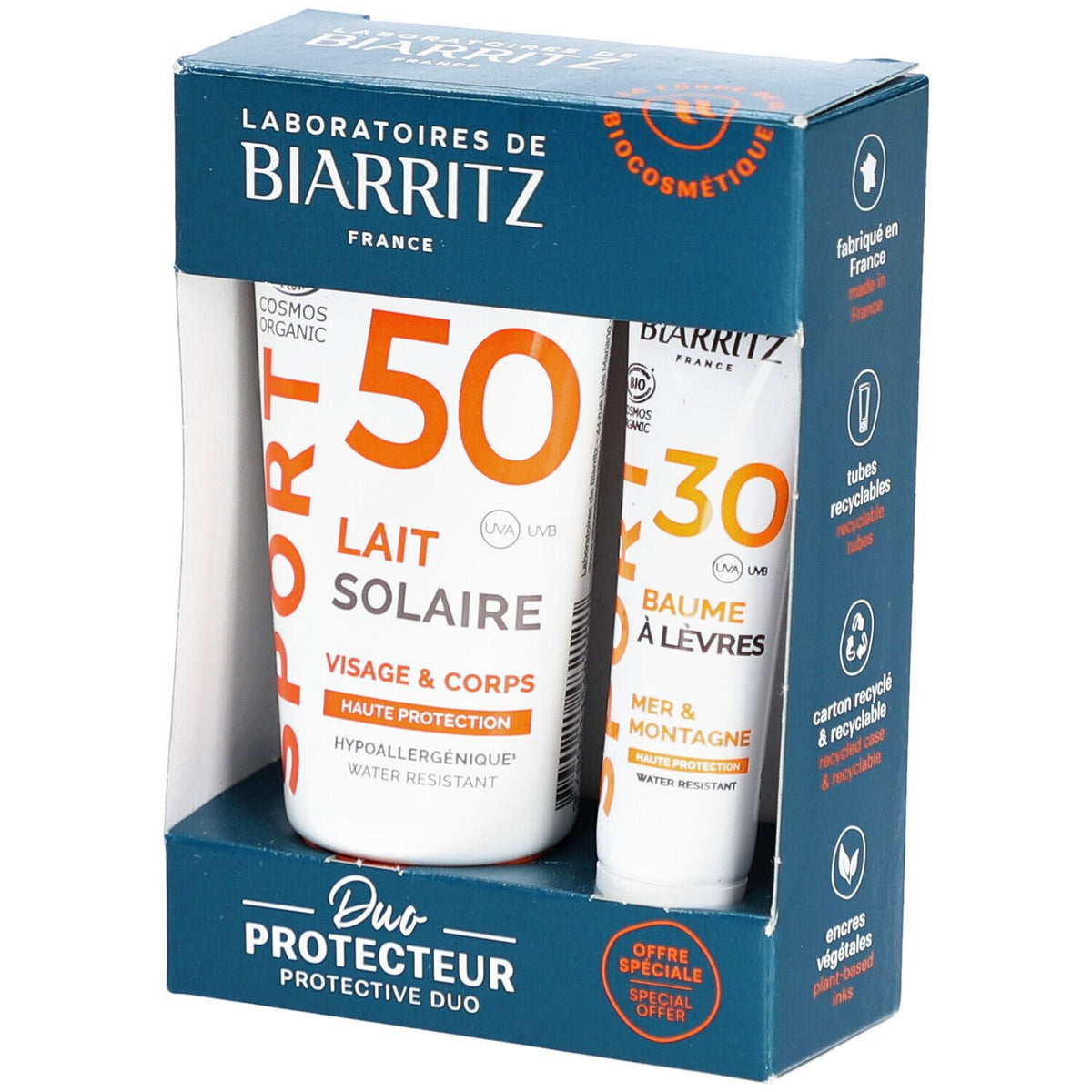 Laboratoires de Biarritz Duo Protecteur (Lait Solaire Sport SPF50 et Baume à Lèvres Sport SPF30) — 65 ml