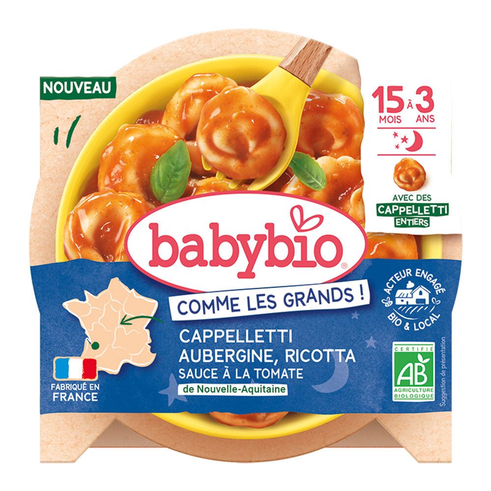 BABYBIO Cappelletti aubergine ricotta & sauce tomate de Nouvelle-Aquitaine (190 g)